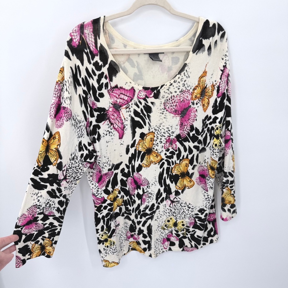 ISA Women XL Butterfly Animal Print Beaded Scoop Neck Lightweight Knit‎ Sweater